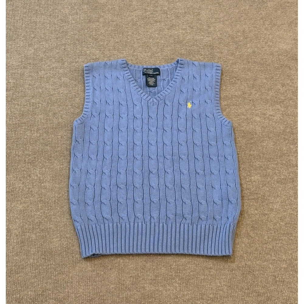 Polo Ralph Lauren Boys Light Blue Cable Knit Sweater Vest Pony Logo Size 7
